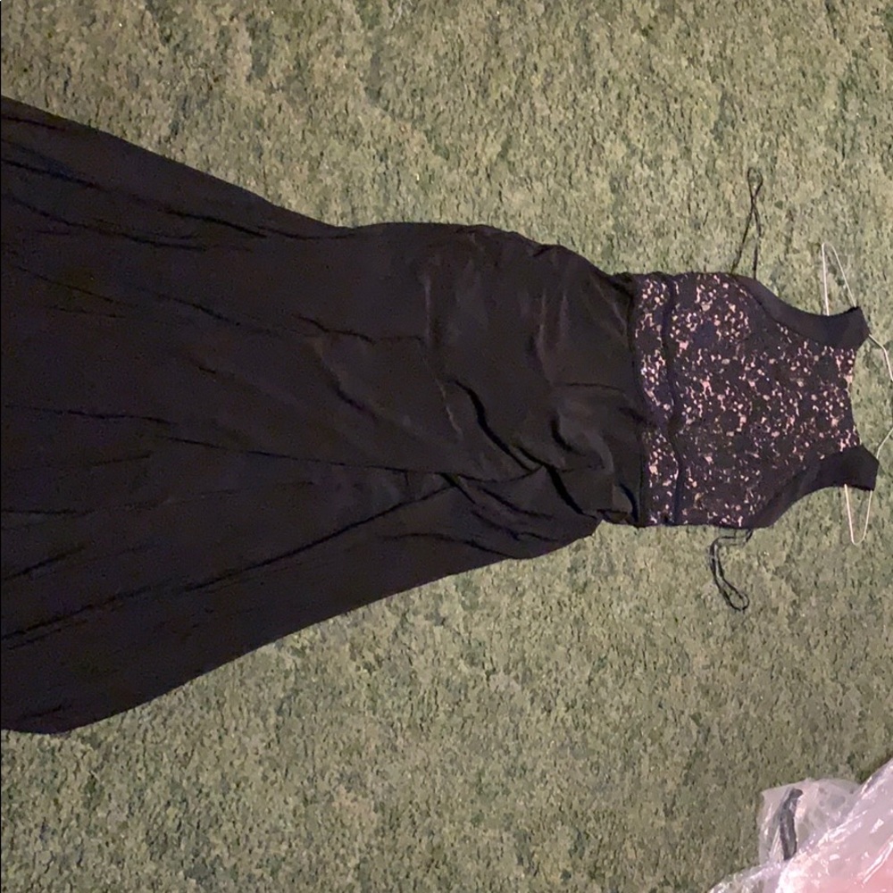 Black halter neck maxi dress with tan designs